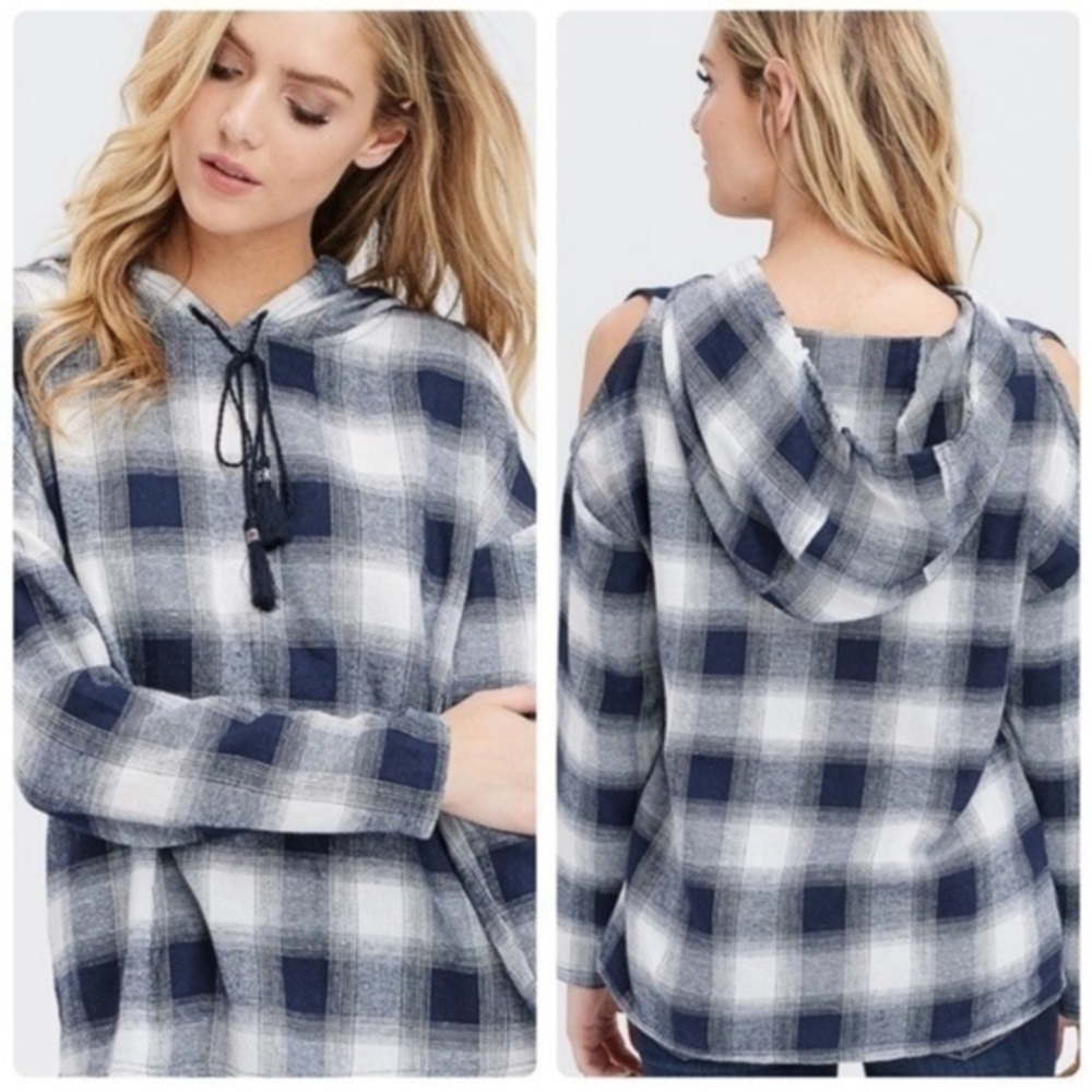NEW Lightweight Navy Cold Shoulder Hoodie Plaid Top